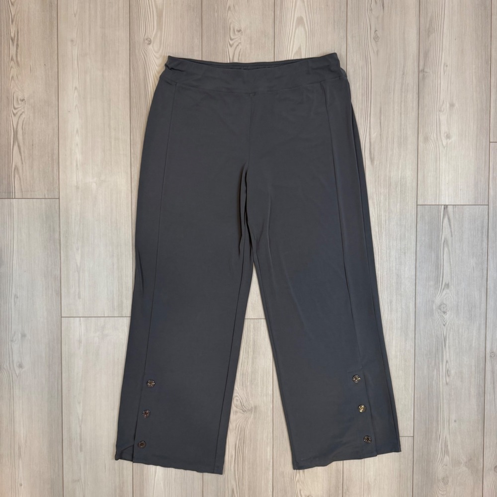 Susan Graver Liquid Knit Blue Gray Crop Wide Leg Button Hem Pants A373722 Large